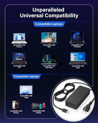 شاحن USB C بقدرة 65 وات متوافق مع لينوفو ثينك باد، ويوجا، وكروم بوك، وثينك بوك، وشاحن كمبيوتر محمول بقدرة 65 وات 45 وات، ومحول تيار متردد من النوع C in Kuwait