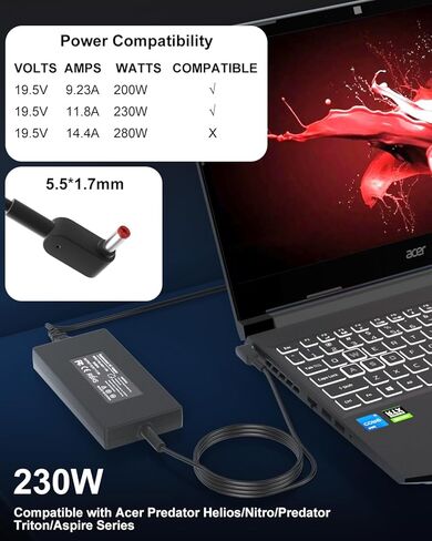شاحن كمبيوتر محمول 230 واط متوافق مع Acer Predator Helios 300 PH315-53 PH315-52 PH315-5، متوافق مع Acer Nitro 5 7 V14 V15 V16 16S V17 سلك إمداد محول الألعاب in Kuwait