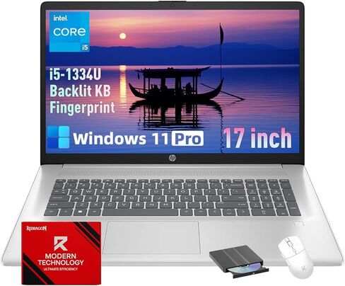 كمبيوتر محمول HP Flagship 17، Intel 10-Core i5-1334U، لوحة مفاتيح بإضاءة خلفية، ذاكرة الوصول العشوائي 20 جيجابايت، 512 جيجابايت SSD، Windows 11Pro، قارئ بصمات الأصابع، شاشة 17.3 بوصة مضادة للتوهج، شحن سريع، Wi-Fi 6، مع ملحقات in Kuwait