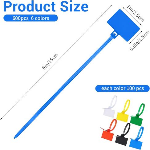 600pcs 6-Inch Nylon Zip Tie Tags with Labels, Self-Locking Waterproof Cable Ties for Organization, Wire Markers for Indoor & Outdoor Use (White, Yellow, Black, Green, Red, Blue) in Kuwait