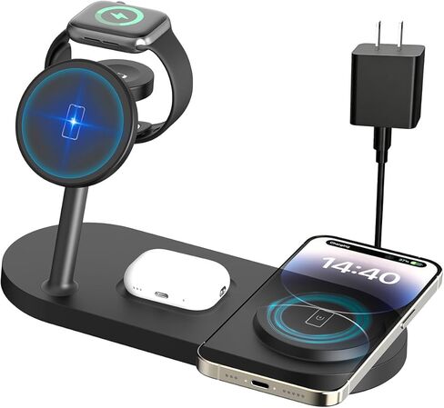 Dual Phone Wireless Charger, 30W Magnetic 4 in 1 Charging Station for Apple Devices, Charging Stand for iPhone 17/16/15/14/13/12 Series, Support for Apple Watch11/10 for AirPods4 in Kuwait