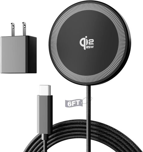 شاحن لاسلكي مغناطيسي 25 وات، قاعدة شحن سريعة 6 أقدام Qi2.2 شحن لاسلكي لهاتف iPhone 17 16 /AirPods3/2/Pro/لسلسلة Galaxy S26 Ultra/Pixel 10، شاحن محمول للمكتب والسفر (عبوتان، أسود) in Kuwait