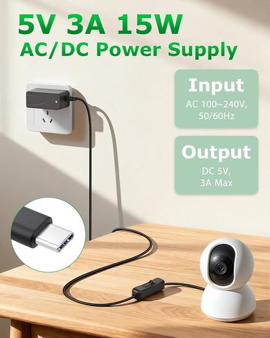 محول إمداد طاقة USB C 5V 3A 15W 4.9FT 5Volt 3Amp سلك شاحن مع مفتاح تشغيل/إيقاف لـ Raspberry Pi 4 Model B 1GB/2GB/4GB/8GB وأجهزة USB C عالمية 5V 3A in Kuwait