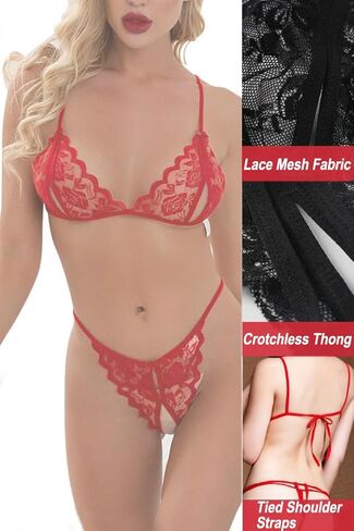 Women's Bra and Panty Set 2 Piece Sexy Lace Lingerie Set - Tie Bra with Strappy Panty Thong for Wedding, Travel in Saudi Arabia