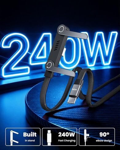 كابل USB C إلى USB C بقدرة 240 واط مع حامل هاتف مدمج، شاحن هاتف جانبي بطول 4.9 قدم، كابل USB C بزاوية يمنى 90 درجة على شكل حرف T، كابل شاحن حامل غير مرئي 2 في 1 مع حامل لهاتف iPhone MacBook iPad in Kuwait