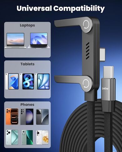 كابل USB C إلى USB C بقدرة 240 واط مع حامل هاتف مدمج، شاحن هاتف جانبي بطول 4.9 قدم، كابل USB C بزاوية يمنى 90 درجة على شكل حرف T، كابل شاحن حامل غير مرئي 2 في 1 مع حامل لهاتف iPhone MacBook iPad in Kuwait