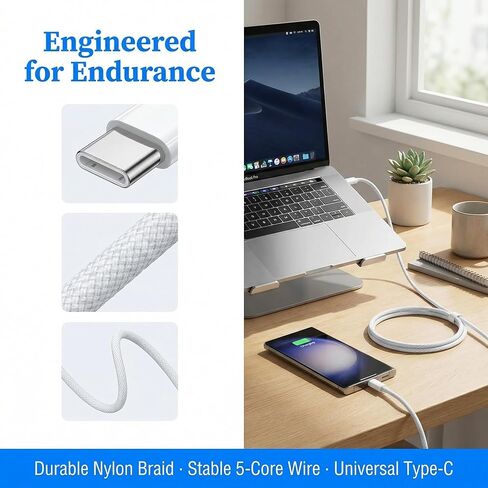 كابل USB C، 3 حزم 10أقدام 60 وات شحن سريع كابل USB C إلى USB C، كابل شاحن متين من النوع C للهاتف 17/16/15/iPad MacBook CarPlay والمزيد - أبيض in Kuwait