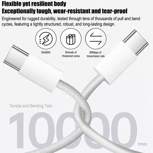 كابل USB C، 3 حزم 10أقدام 60 وات شحن سريع كابل USB C إلى USB C، كابل شاحن متين من النوع C للهاتف 17/16/15/iPad MacBook CarPlay والمزيد - أبيض in Kuwait