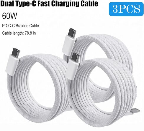 كابل USB C، 3 حزم 10أقدام 60 وات شحن سريع كابل USB C إلى USB C، كابل شاحن متين من النوع C للهاتف 17/16/15/iPad MacBook CarPlay والمزيد - أبيض in Kuwait
