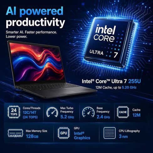 Dell 15 Touchscreen Laptop, Intel Ultra 7 255U (24 TOPS), 15.6" FHD WVA 220 nits, 32 GB DDR5 RAM 1 TB SSD, Intel Graphics, Wi-Fi6, 30 FPS RGB Webcam, Backlit KB, AI Copilot key, Black - Windows 11 Pro in Kuwait