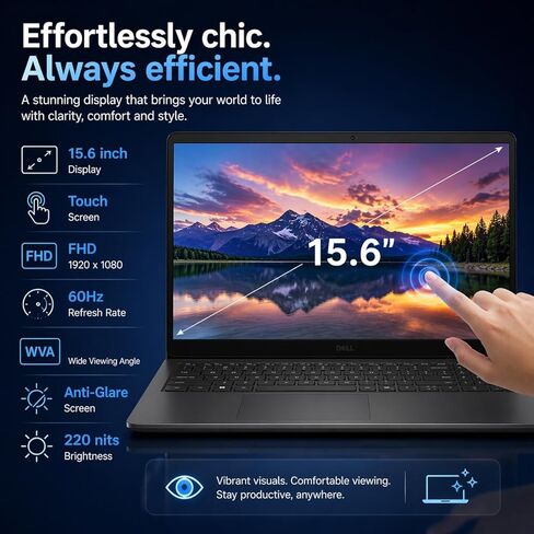 Dell 15 Touchscreen Laptop, Intel Ultra 7 255U (24 TOPS), 15.6" FHD WVA 220 nits, 32 GB DDR5 RAM 1 TB SSD, Intel Graphics, Wi-Fi6, 30 FPS RGB Webcam, Backlit KB, AI Copilot key, Black - Windows 11 Pro in Kuwait