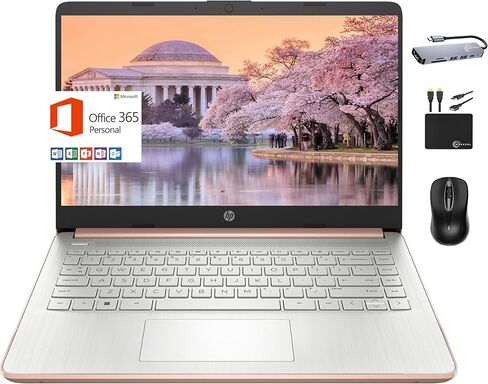 HP 2024 Premium 14 بوصة Micro-Edge كمبيوتر محمول محمول للأعمال الطلابية، Intel Quad-Core N4120، ذاكرة الوصول العشوائي 16 جيجابايت، 384 جيجابايت (128 جيجابايت eMMC + بطاقة 256 جيجابايت)، WiFi، Windows 11S + 1 سنة Office 365، MarxsolAccessory Rose Gold in Kuwait
