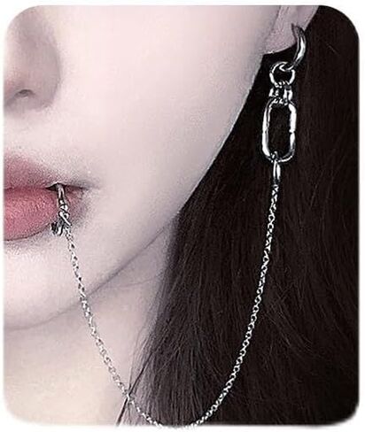WZNBBOY Lip Ring Chain To Ear Hoop Nose Ring Gothic Clip On Non Piercing Lip Helix Cartilage Clip On Wrap Earrings Fake Lip Rings Body Jewelry for Women in Saudi Arabia