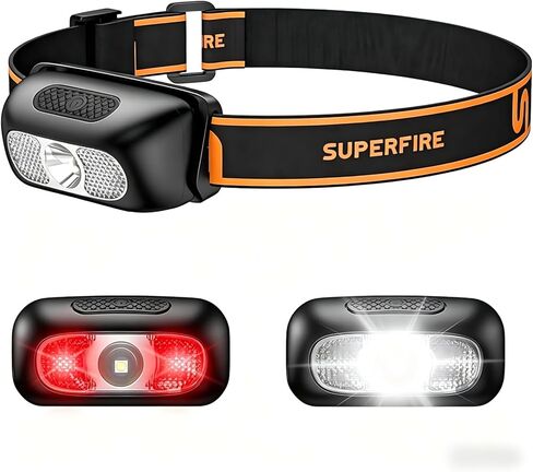 مصباح أمامي SuperFire قابل لإعادة الشحن، 1.76 أونصة مصباح أمامي LED خفيف الوزن للغاية مع ضوء وامض أحمر، شعاع عريض، بدون ارتداد، وقت تشغيل 8 ساعات، IP44 مقاوم للماء للجري الليلي، والمشي لمسافات طويلة، والتخييم in Kuwait