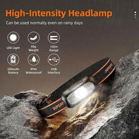 مصباح أمامي SuperFire قابل لإعادة الشحن، 1.76 أونصة مصباح أمامي LED خفيف الوزن للغاية مع ضوء وامض أحمر، شعاع عريض، بدون ارتداد، وقت تشغيل 8 ساعات، IP44 مقاوم للماء للجري الليلي، والمشي لمسافات طويلة، والتخييم in Kuwait