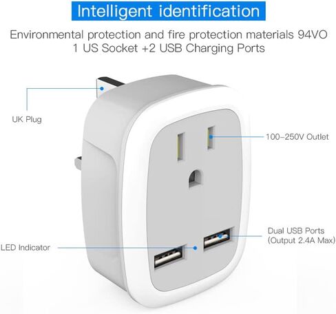3-in-1 Travel Plug Adapter with Dual USB Ports - US Socket with EU & UK Plug, 100-250V Universal Converter, 2.4A Fast Charging, LED Indicator, Fire-Resistant Design 2.80 X 2.56 X 2.13 in in Kuwait