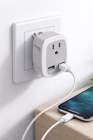 3-in-1 Travel Plug Adapter with Dual USB Ports - US Socket with EU & UK Plug, 100-250V Universal Converter, 2.4A Fast Charging, LED Indicator, Fire-Resistant Design 2.80 X 2.56 X 2.13 in in Kuwait