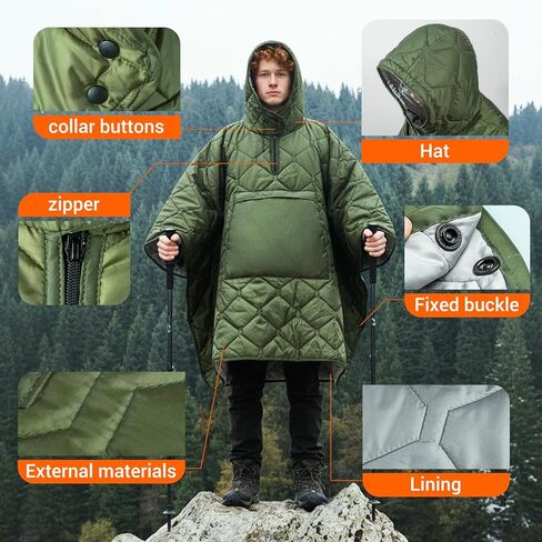 Hooded Camping Blanket Poncho, Stadium Woobie Blanket, Machine Washable/650FP Insulation, Ultralight & Packable, Fit Most Adult Sizes, Can Be Used as Shawl/Wearable Sleeping Bag/Cloak in Kuwait