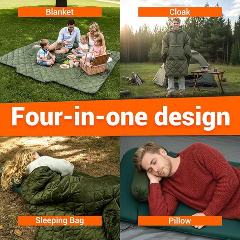 Hooded Camping Blanket Poncho, Stadium Woobie Blanket, Machine Washable/650FP Insulation, Ultralight & Packable, Fit Most Adult Sizes, Can Be Used as Shawl/Wearable Sleeping Bag/Cloak in Kuwait