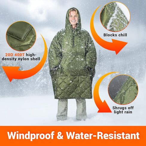 Hooded Camping Blanket Poncho, Stadium Woobie Blanket, Machine Washable/650FP Insulation, Ultralight & Packable, Fit Most Adult Sizes, Can Be Used as Shawl/Wearable Sleeping Bag/Cloak in Kuwait