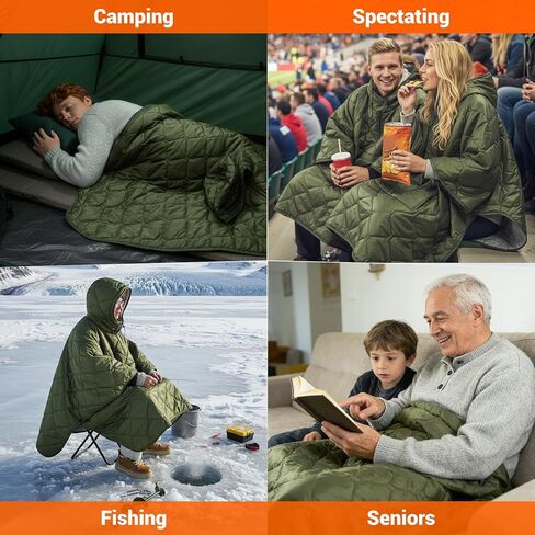 Hooded Camping Blanket Poncho, Stadium Woobie Blanket, Machine Washable/650FP Insulation, Ultralight & Packable, Fit Most Adult Sizes, Can Be Used as Shawl/Wearable Sleeping Bag/Cloak in Kuwait