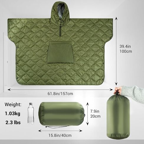 Hooded Camping Blanket Poncho, Stadium Woobie Blanket, Machine Washable/650FP Insulation, Ultralight & Packable, Fit Most Adult Sizes, Can Be Used as Shawl/Wearable Sleeping Bag/Cloak in Kuwait