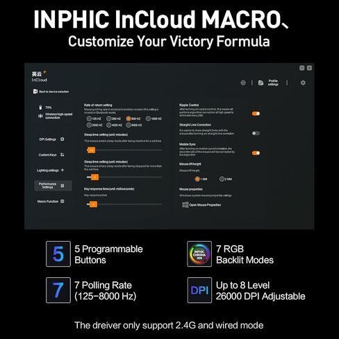 ماوس ألعاب لاسلكي من INPHIC، خفيف للغاية 60 جرام، معدل تقرير 8K ثلاثي الوضع: BT5.0/2.4G/Type-C سلكي لألعاب الكمبيوتر، 5 أزرار قابلة للبرمجة in Kuwait