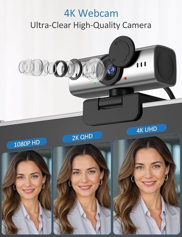 Webcam for PC, 4K Streaming Camera, Web Camera for Desktop/Laptop Computer Webcam with Microphone, Plug and Play USB Web Cam, Aluminum alloy casing, for Live Streaming, Video Calls, and Meetings in Kuwait