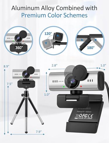Webcam for PC, 4K Streaming Camera, Web Camera for Desktop/Laptop Computer Webcam with Microphone, Plug and Play USB Web Cam, Aluminum alloy casing, for Live Streaming, Video Calls, and Meetings in Kuwait