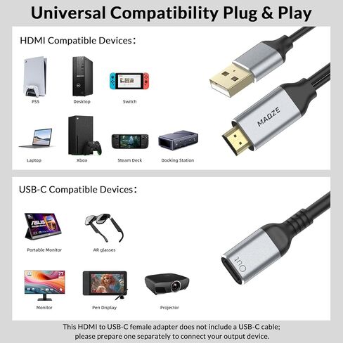 كابل HDMI إلى USB C، محول كابلات HDMI أحادي الاتجاه 4K@60 هرتز إلى النوع C 0.23 متر (ذكر إلى أنثى) للشاشة المحمولة والكمبيوتر المحمول وجهاز العرض السلكي وXreal Air AR وRokid AR in Kuwait