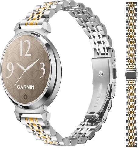سوار معدني 14 ملم متوافق مع ساعة Garmin Lily 2 / Lily 2 Active/Lily 2 الكلاسيكية، حزام بديل من الفولاذ المقاوم للصدأ بتصميم سبع خرزات، سوار معصم بمشبك قابل للطي مزدوج اللون للنساء in Kuwait
