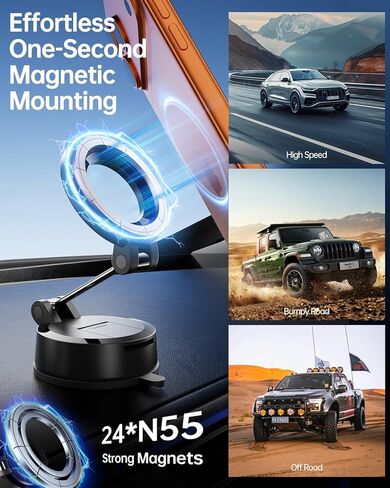 Hichain for MagSafe Car Mount, Vacuum Suction & Adhesive Base Magnetic Phone Holder for Car/Gym/Mirror, Foldable Compact Car Phone Stand Mount for iPhone 17-12 & Android, Portable for Mobile Filming in Kuwait