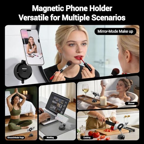 Hichain for MagSafe Car Mount, Vacuum Suction & Adhesive Base Magnetic Phone Holder for Car/Gym/Mirror, Foldable Compact Car Phone Stand Mount for iPhone 17-12 & Android, Portable for Mobile Filming in Kuwait