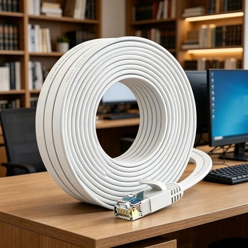 كابل إيثرنت بطول 25 قدم Cat 6 سلك توصيل شبكة الإنترنت عالي السرعة مسطح من النحاس النقي سلك Snagless RJ45 موصلات داخلية وخارجية لجهاز الكمبيوتر الشخصي باللون الأبيض in Kuwait