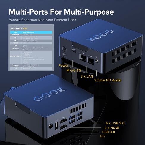 GEEK+ كمبيوتر صغير يعمل بنظام التشغيل Windows 10، كمبيوتر مكتبي HTPC صغير للغاية بدقة 4K HD Intel Celeron J3455 6GB DDR4/128GB SSD، سطح مكتب كمبيوتر صغير نحيف ومحمول، كمبيوتر Micro PC مزدوج HDMI USB أجهزة كمبيوتر مكتبية صغيرة واي فاي بلوتوث in Kuwait