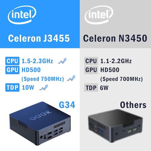 GEEK+ كمبيوتر صغير يعمل بنظام التشغيل Windows 10، كمبيوتر مكتبي HTPC صغير للغاية بدقة 4K HD Intel Celeron J3455 6GB DDR4/128GB SSD، سطح مكتب كمبيوتر صغير نحيف ومحمول، كمبيوتر Micro PC مزدوج HDMI USB أجهزة كمبيوتر مكتبية صغيرة واي فاي بلوتوث in Kuwait