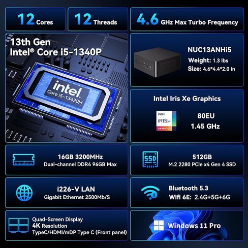 Intel NUC 13 PRO, for ASUS NUC 13 Pro Arena Canyon 16GB RAM 512GB SSD, Core i5-1340P, Win 11 Pro Mini Desktop Computer, 8K/4K UHD, Gigabit Ethernet/WiFi-6/VESA (Renewed) in Kuwait