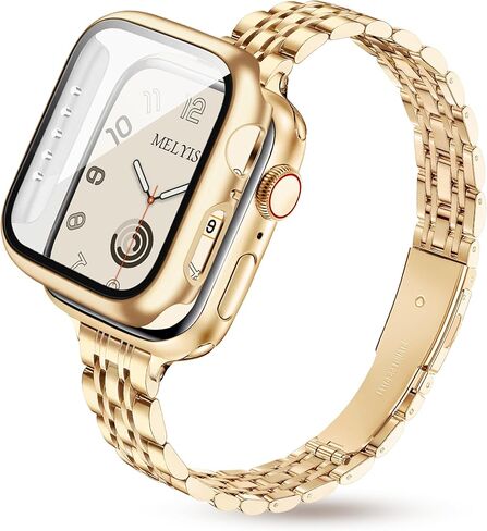 سوار معدني رفيع من Melyis مع حافظة يناسب أحزمة ساعة Apple للنساء مقاس 40 ملم، وأساور iWatch رفيعة من الفولاذ المقاوم للصدأ للسيدات، سوار أنيق لساعة Apple مع واقي شاشة سلسلة SE 6 5 4، Starlight&Gold in Kuwait