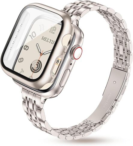 Melyis Slim Metal Band with Case Fits Apple Watch Bands for Women 40mm, Thin Stainless Steel iWatch Bands for Women, Dressy Band for Apple Watch with Screen Protector Series SE 6 5 4, Gold in Kuwait