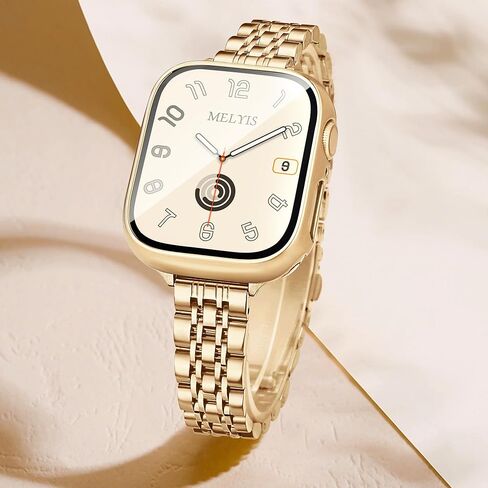 سوار معدني رفيع من Melyis مع حافظة يناسب أحزمة ساعة Apple للنساء مقاس 40 ملم، وأساور iWatch رفيعة من الفولاذ المقاوم للصدأ للسيدات، سوار أنيق لساعة Apple مع واقي شاشة سلسلة SE 6 5 4، Starlight&Gold in Kuwait