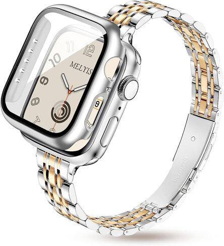 سوار معدني رفيع من Melyis مع حافظة يناسب أحزمة ساعة Apple للنساء مقاس 40 ملم، وأساور iWatch رفيعة من الفولاذ المقاوم للصدأ للسيدات، سوار أنيق لساعة Apple مع واقي شاشة سلسلة SE 6 5 4، Starlight&Gold in Kuwait