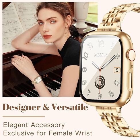 سوار معدني رفيع من Melyis مع حافظة يناسب أحزمة ساعة Apple للنساء مقاس 40 ملم، وأساور iWatch رفيعة من الفولاذ المقاوم للصدأ للسيدات، سوار أنيق لساعة Apple مع واقي شاشة سلسلة SE 6 5 4، Starlight&Gold in Kuwait