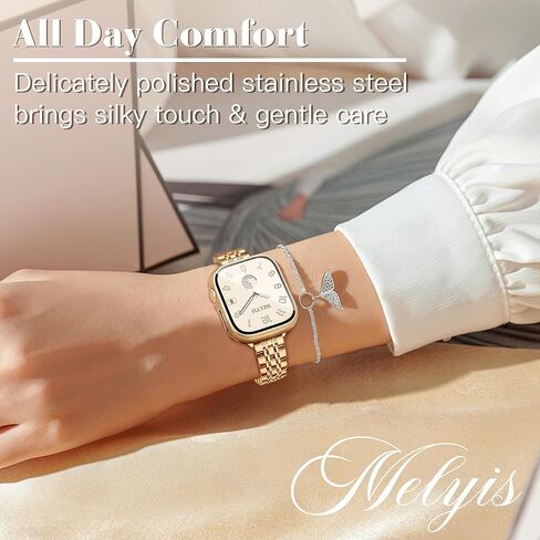 سوار معدني رفيع من Melyis مع حافظة يناسب أحزمة ساعة Apple للنساء مقاس 40 ملم، وأساور iWatch رفيعة من الفولاذ المقاوم للصدأ للسيدات، سوار أنيق لساعة Apple مع واقي شاشة سلسلة SE 6 5 4، Starlight&Gold in Kuwait