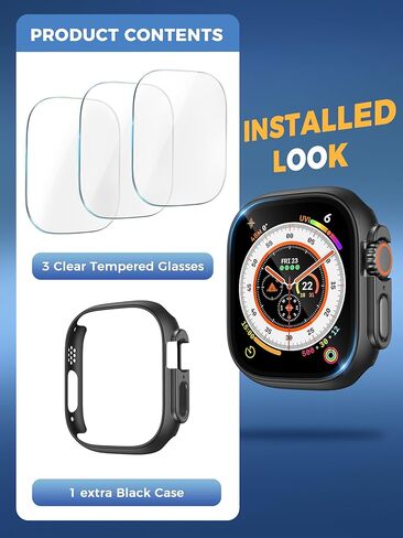 Misxi 3-Pack Hard Ultra-HD Transparent Tempered Glass Screen Protector with Auto Alignment Tool Kit for Apple Watch Ultra 3 (2025) / Ultra 2 / Ultra 49mm, Hassle-free Installation Screen Protection in Kuwait