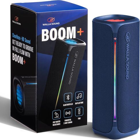 مكبر صوت بلوتوث محمول Walla Boom+ - صوت عالي الطاقة 20 وات، مقاوم للماء IP67، اقتران TWS، شحن USB-C، تشغيل 8 ساعات، بلوتوث 6.0، مصمم للاستخدام الداخلي والخارجي in Kuwait
