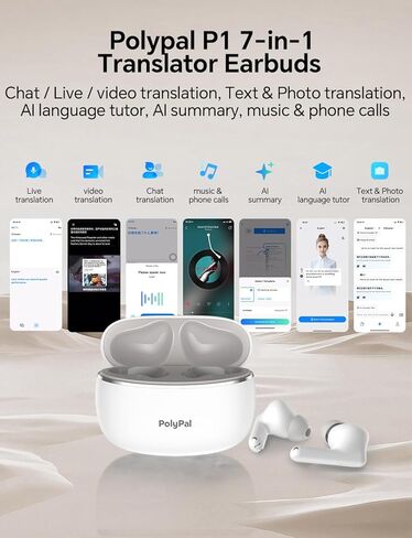 سماعات أذن Polypal P1 AI للترجمة في الوقت الحقيقي، 138 لغة، سماعات أذن مترجمة 7 في 1، Audiofonos Traductores Inglés Español، مترجم الكلام والفيديو بلوتوث للأعمال، قلم تنظيف سماعات الأذن in Kuwait