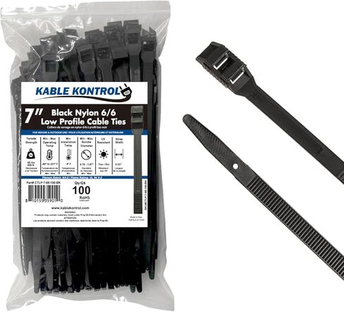 روابط كبل قفل مزدوج من Kable Kontrol - 7 بوصات و88 رطلاً 100 قطعة من روابط البريدي النايلون المدرجة في قائمة UL - روابط مقاومة للمواد الكيميائية والأشعة فوق البنفسجية والتآكل للسيارات والاستخدام الطبي والصناعي - أسود in Kuwait