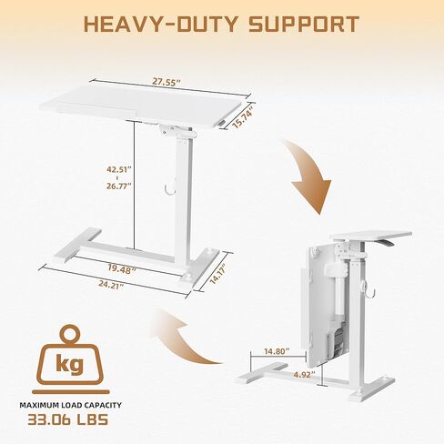 ETHU Foldable Overbed Table with Wheels, Rolling Laptop Standing Desk with Height Adjustable 26.77"-42.51" & Tilting Desktop, Mobile Work Desk for Bedside, Sofa and Home Office Use, White in Kuwait