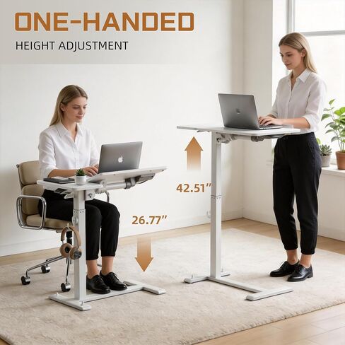 ETHU Foldable Overbed Table with Wheels, Rolling Laptop Standing Desk with Height Adjustable 26.77"-42.51" & Tilting Desktop, Mobile Work Desk for Bedside, Sofa and Home Office Use, White in Kuwait