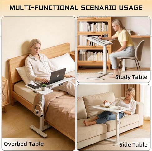 ETHU Foldable Overbed Table with Wheels, Rolling Laptop Standing Desk with Height Adjustable 26.77"-42.51" & Tilting Desktop, Mobile Work Desk for Bedside, Sofa and Home Office Use, White in Kuwait